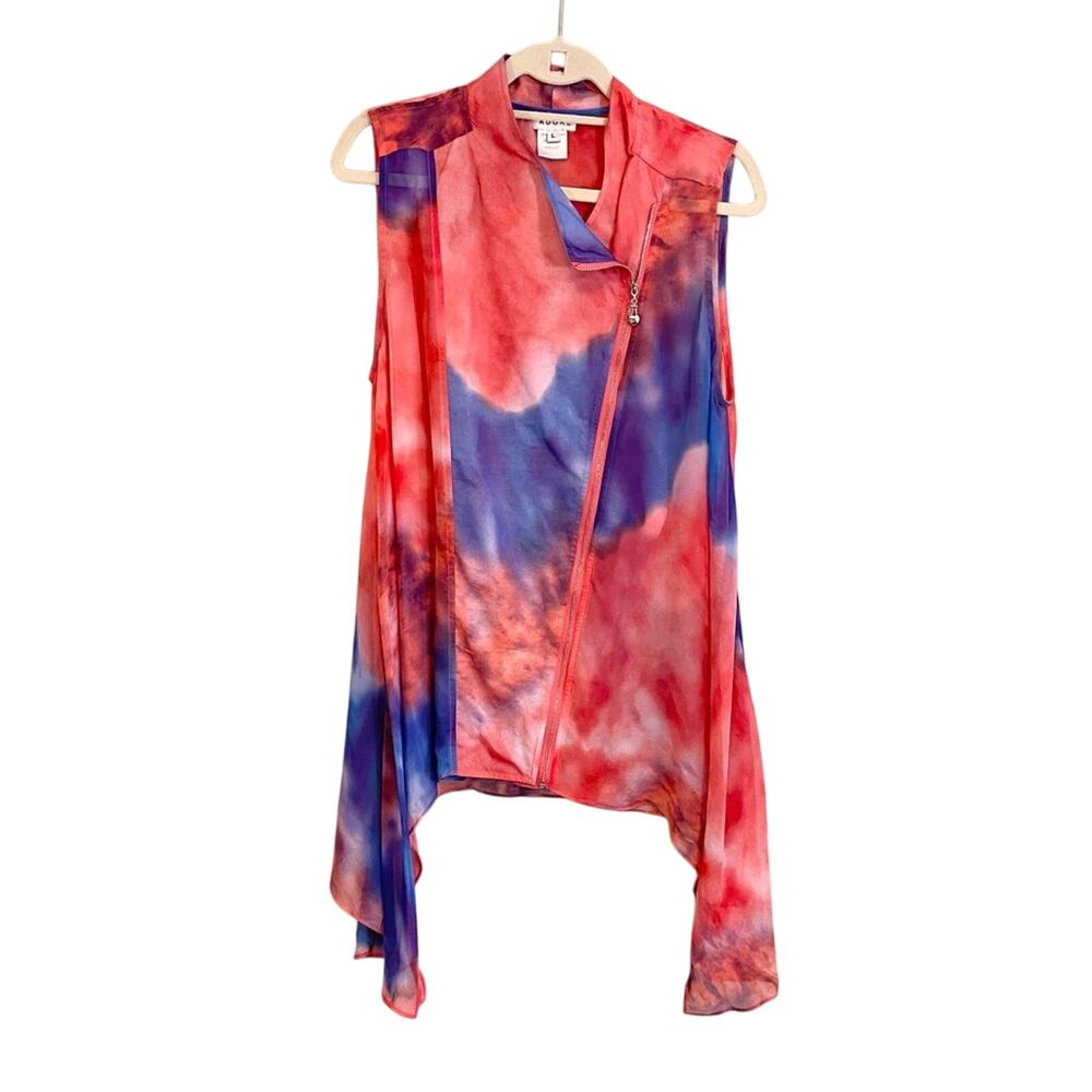 Adore Women's Mock Neck Tie Dye Zip Up Flowy Sleeveless‎ Blouse Size Large